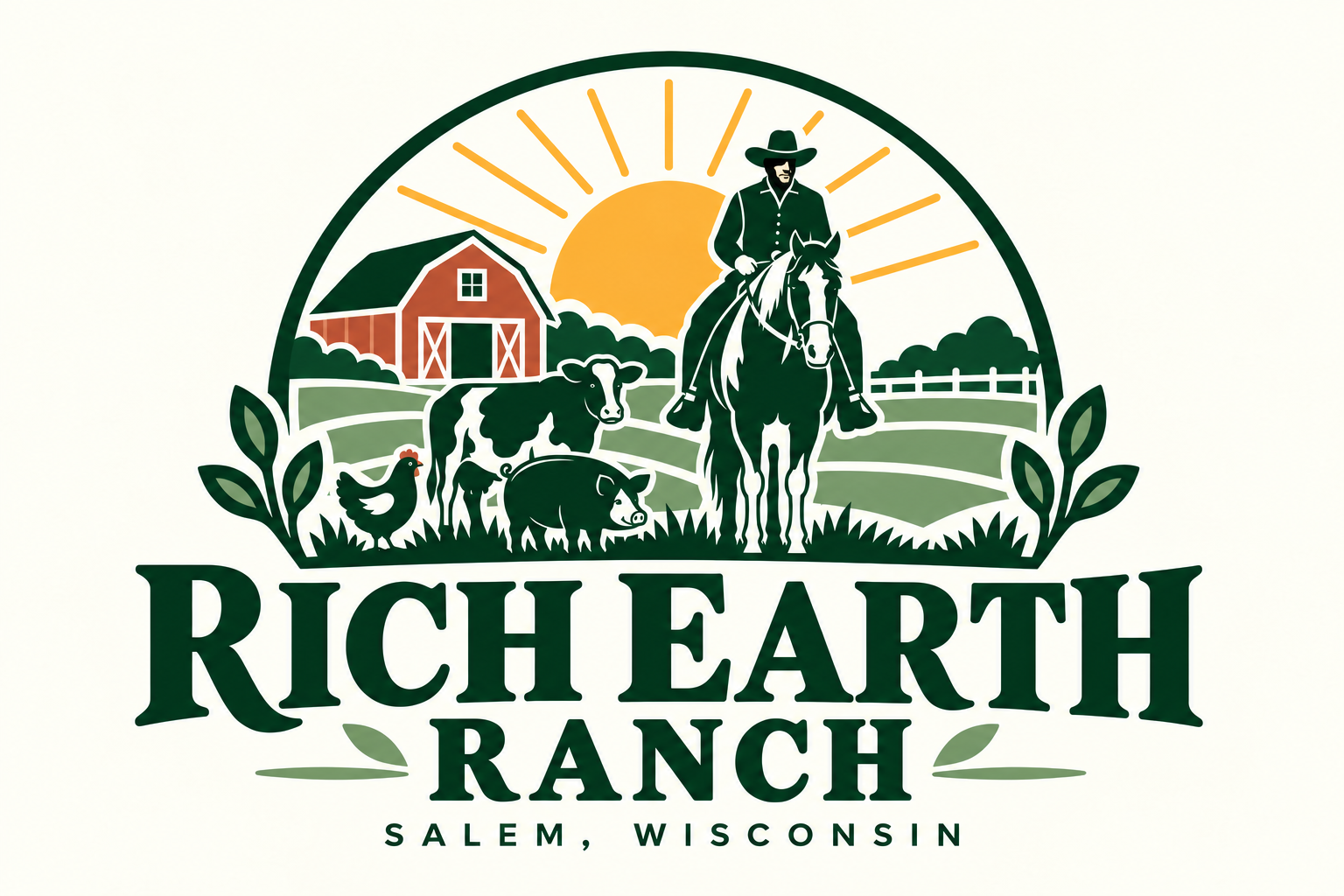 Rich Earth Ranch, Salem, Wisconsin — a cowboy on horseback beside a barn, cow, pig and hen beneath the sunrise